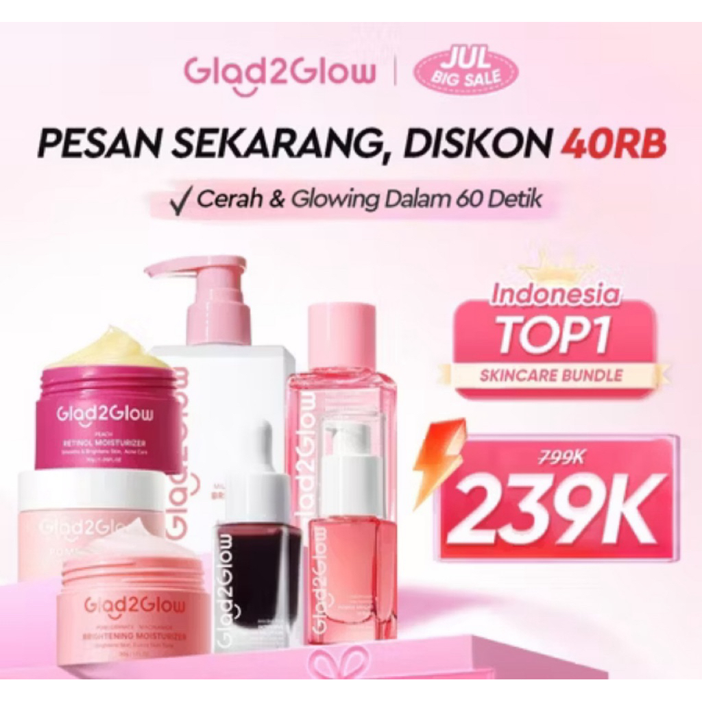 Glad2Glow 7in1 Skincare Set | Paket Skincare Lengkap Pemutih Wajah Glowing Cerah BPOM | Serum Toner