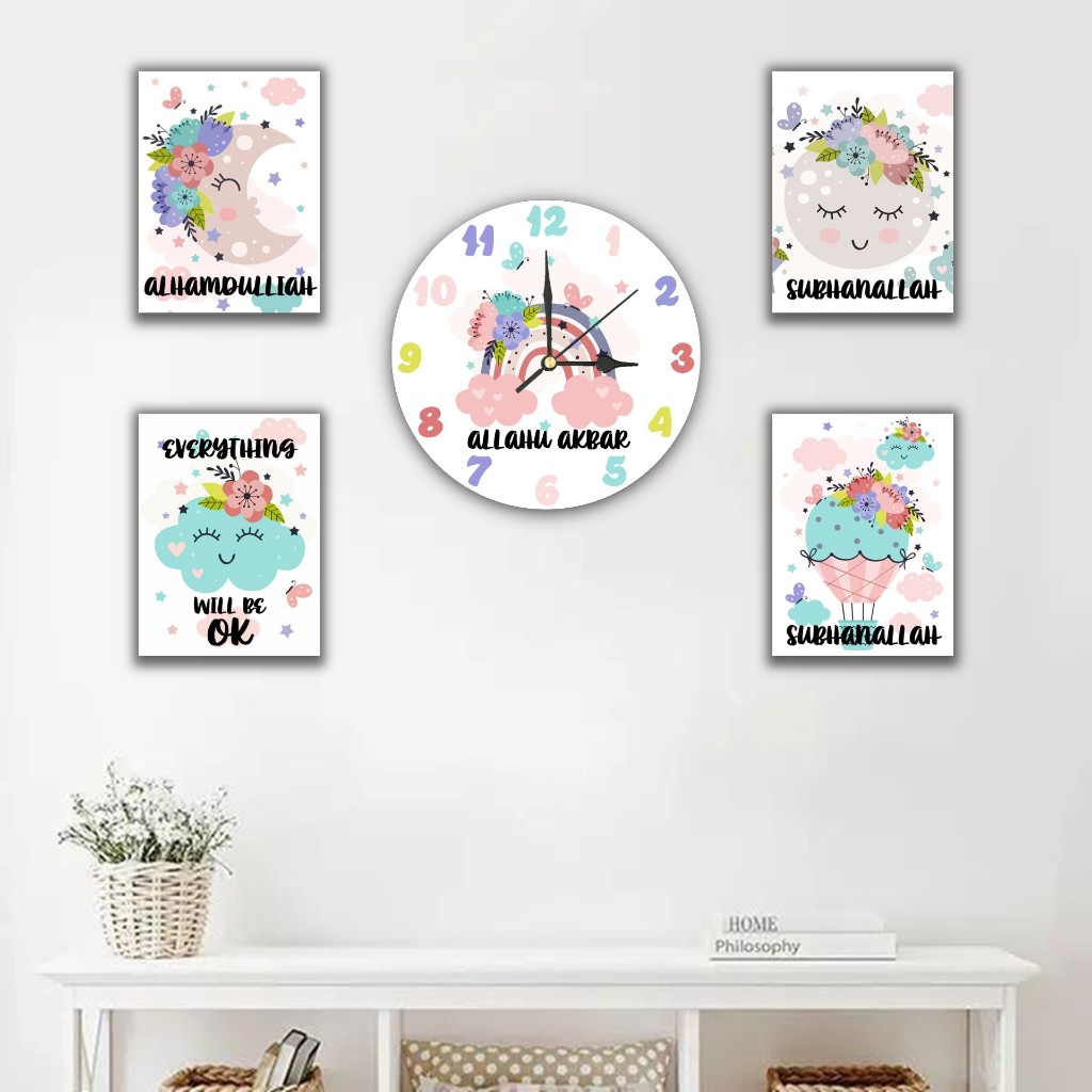 Jam Dinding Quotes & Hiasan Dinding Quotes 1set 5pcs