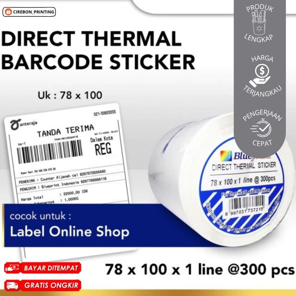 

Kertas Label Thermal Uk 78x100mm (Isi 300 Lembar) / Termurah Berkualitas / Thermal Sticker Blueprint / Kertas Label / 1 Roll / COD / FREE Ongkir / Cirebon