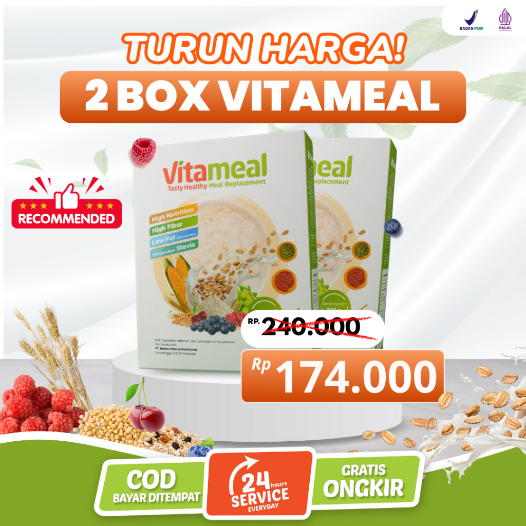 

[TERLARIS] Vitameal Paket 2 Box Sereal Multigrain: Ampuh Turunkan Gula Darah Tinggi & Cegah Diabetes vitamil Vitameel Redakan Asam Lambung, Maag, GERD. Diet & Pengganti Makanan Terdaftar HALAL BPOM. VITAMILK DIET