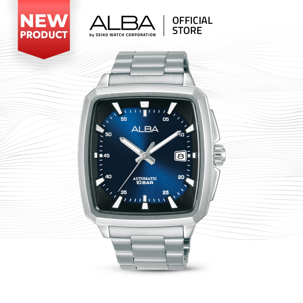 Alba Mechanical Jam Tangan Pria Kotak AU4039 / AU4039X1 Automatic Blue Dial Stainless Steel Strap Wa