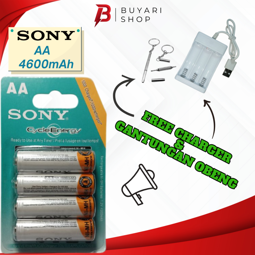 FREE ALAT CASAN Baterai AA Sony 4600mAh Isi 4 Cas Rechargeable Recharge dan Charger Charge Isi Ulang