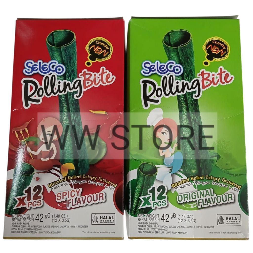 

Cemilan snek makanan ringan rumput laut nori rasa asli pedas halal MUI Seleco Rolling Bite Original Spicy Flavor Flavour Roasted Rolled Crispy Seaweed 42g ( 12x3.5g )