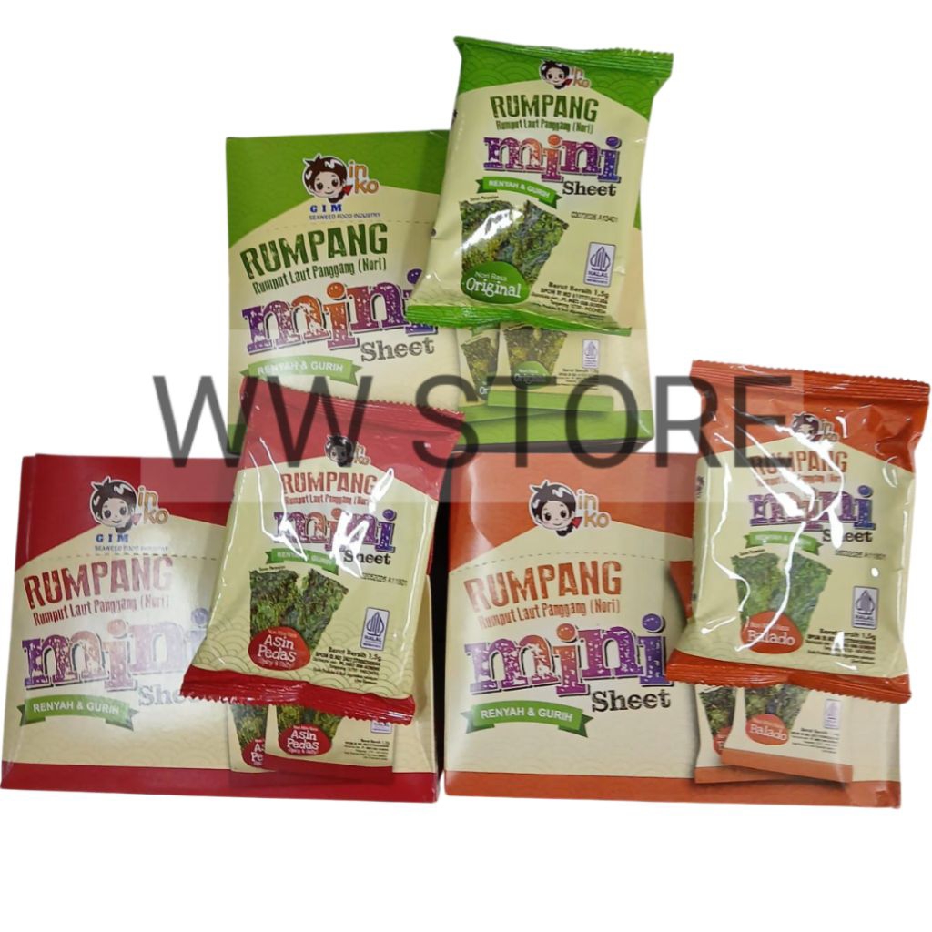 

Cemilan snek makanan ringan rasa asli balado asin & pedas halal MUI inko RUMPANG ( Rumput Laut Panggang ) Roasted mini Sheet Seaweed Snack ( Nori ) Original Spicy Salty Flavour 12 sachet x 1.5g