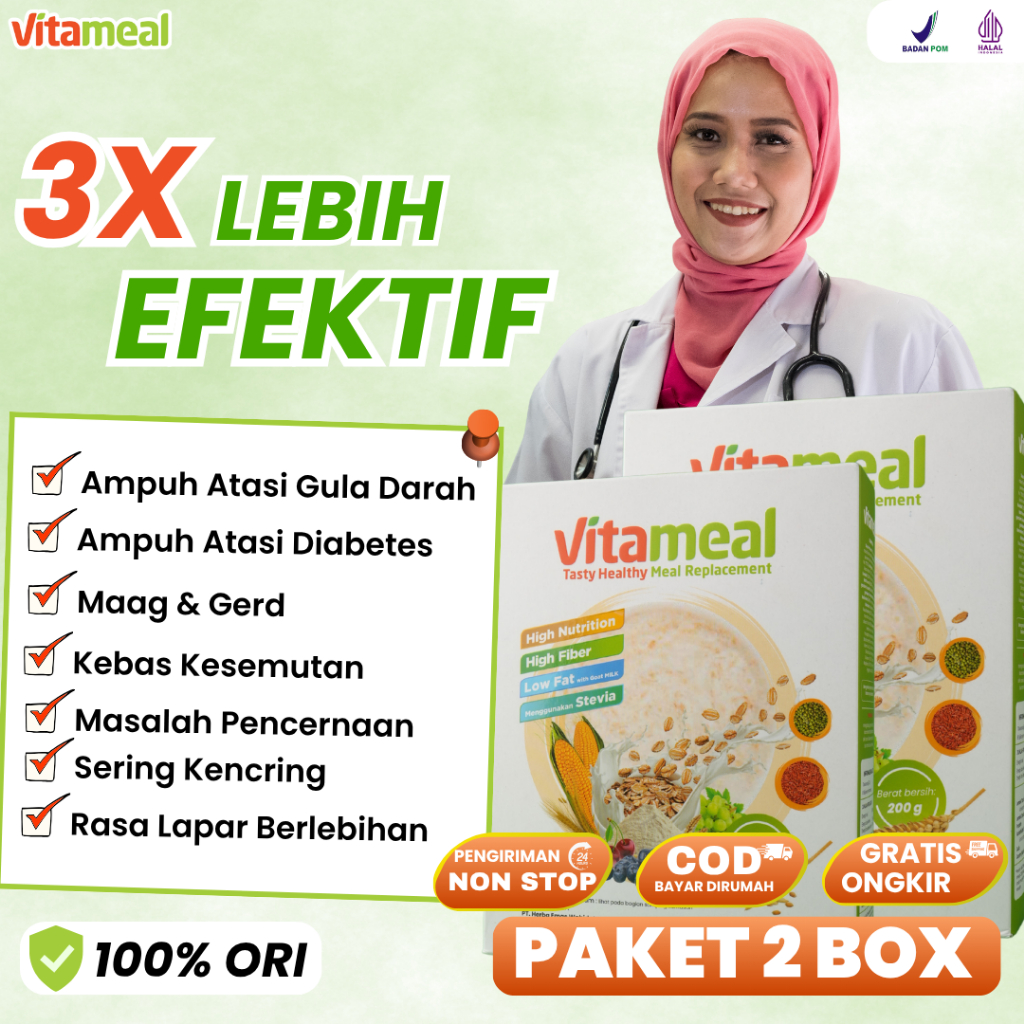 

AMPUH Vitameal Gula Darah Paket 2 Box Sereal Sehat Multigrain Rasa Enak Cegah Kolesterol Diet Oatmeal Diabetes Asam Lambung Turunkan Gula Darah Cegah Diabetes Maag GERD VITAMINILK KEBAS