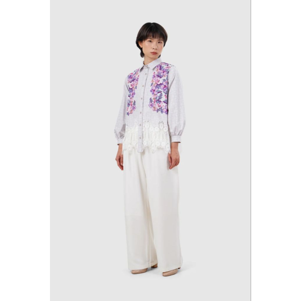 JUAL RUGI READY BENANG JARUM - ECLORA LACE SHIRT LAVENDER SIZE S M MONOGRAM SHIRT