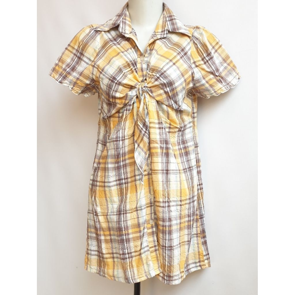 Blouse Blus Tunik Atasan Kemeja Wanita Motif Plaid Tartan Kotak-kotak Kuning Coklat Simpul Pita Depa