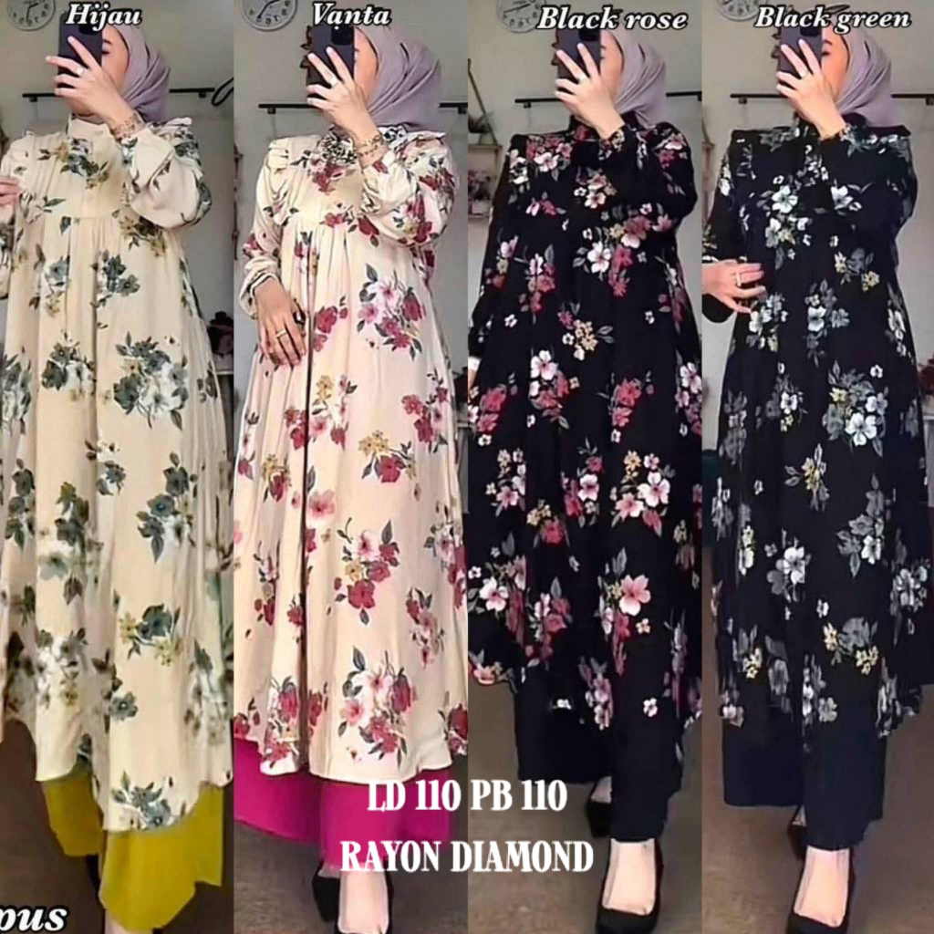 Premium Setelan One Set Celana Long Tunic Wanita Terbaru / Midi Dress Muslim Delvina Katun Rayon