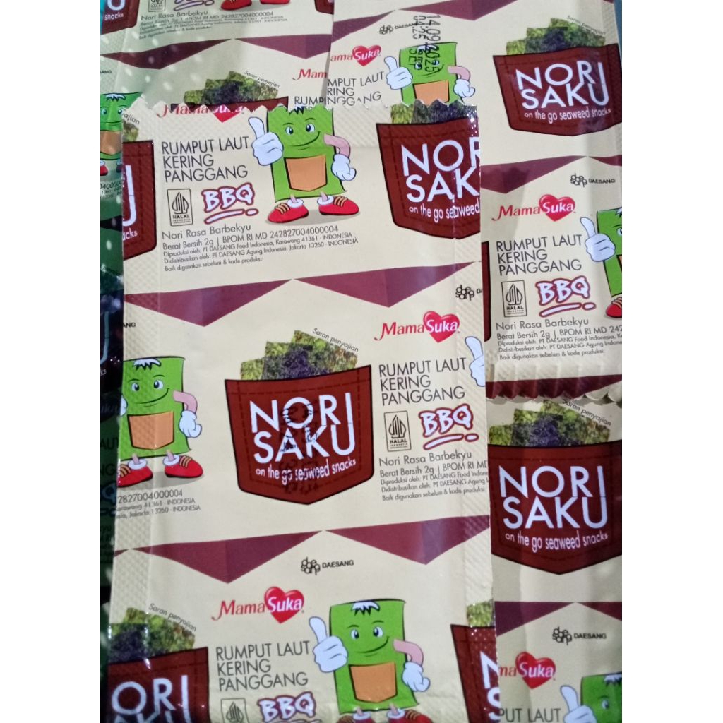

Nori saku mama suka nori rasa rumput laut dan barbeque per sachet
