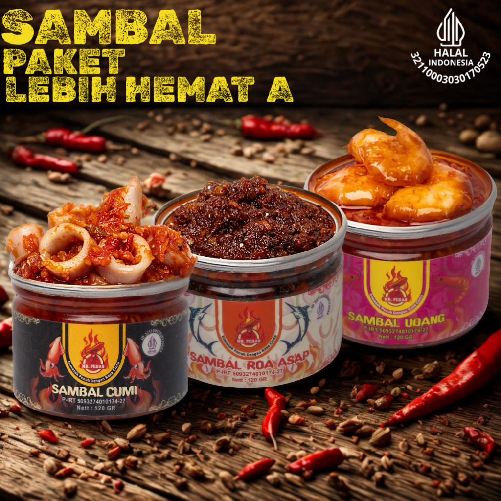 

Paket Sambal Lebih Hemat A / Sambel Cumi Asin /Roa Asap / Udang Mr. Pedas