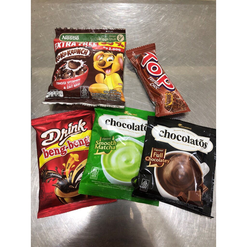 

PAKET COMBO SNACK CEMILAN 1 (KOKOKRUNCH 19.5g, TOP 90g, CHOCOLATOS MATCHA, CHOCOLATEY, BENG-BENG DRINK)