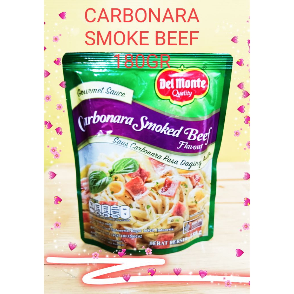 

DELMONTE CARBONARA SMOKE BEEF 180GR/ SAUS CARBONARA DAGING ASAP