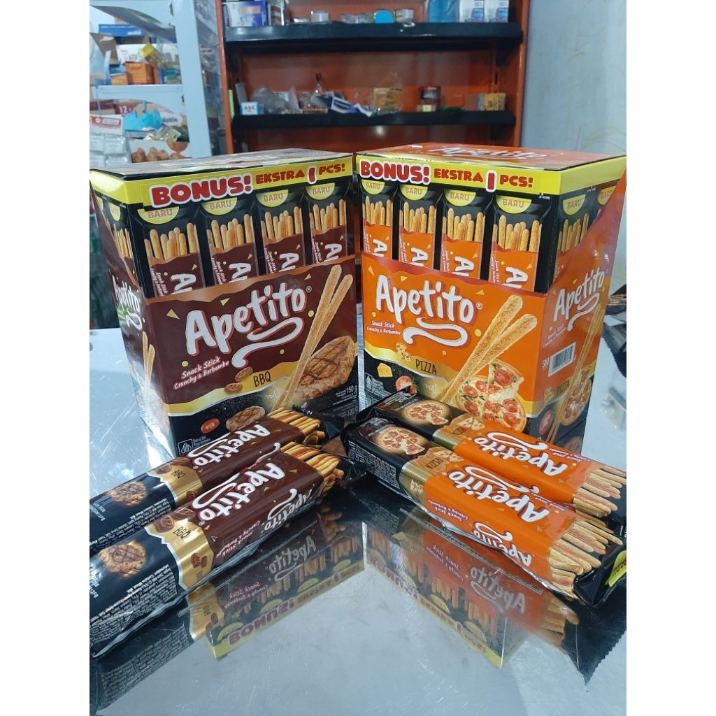 

Apetito snack stik PIZZA & BBQ 1 box isi 10pcs