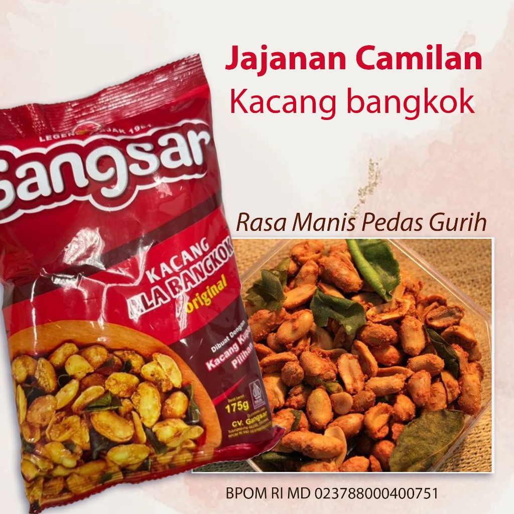 

Jajanan Camilan Santai TERLARIS rasa Gurih Dominan sedikit manis pedas dan Renyah sangat cocok menemani saat santai bersama teman pacar juga keluarga juga kamping rekreasi juga momen tertentu buat Suguhan Lebaran ~ Gangsar kacang bangkok Panggang 175g