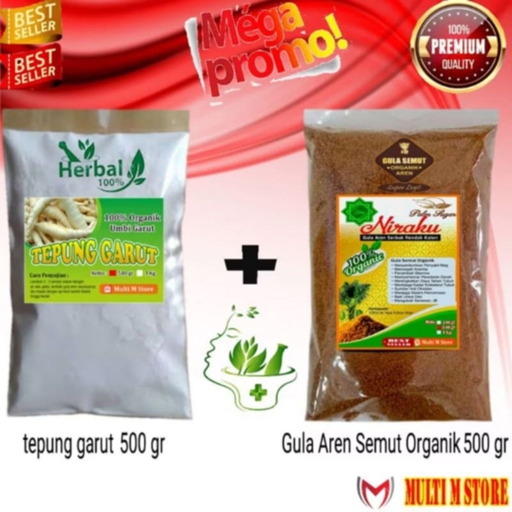

Paket 500 Gram Tepung Pati Garut Murni | 500 Gram Gula Aren Semut Premium