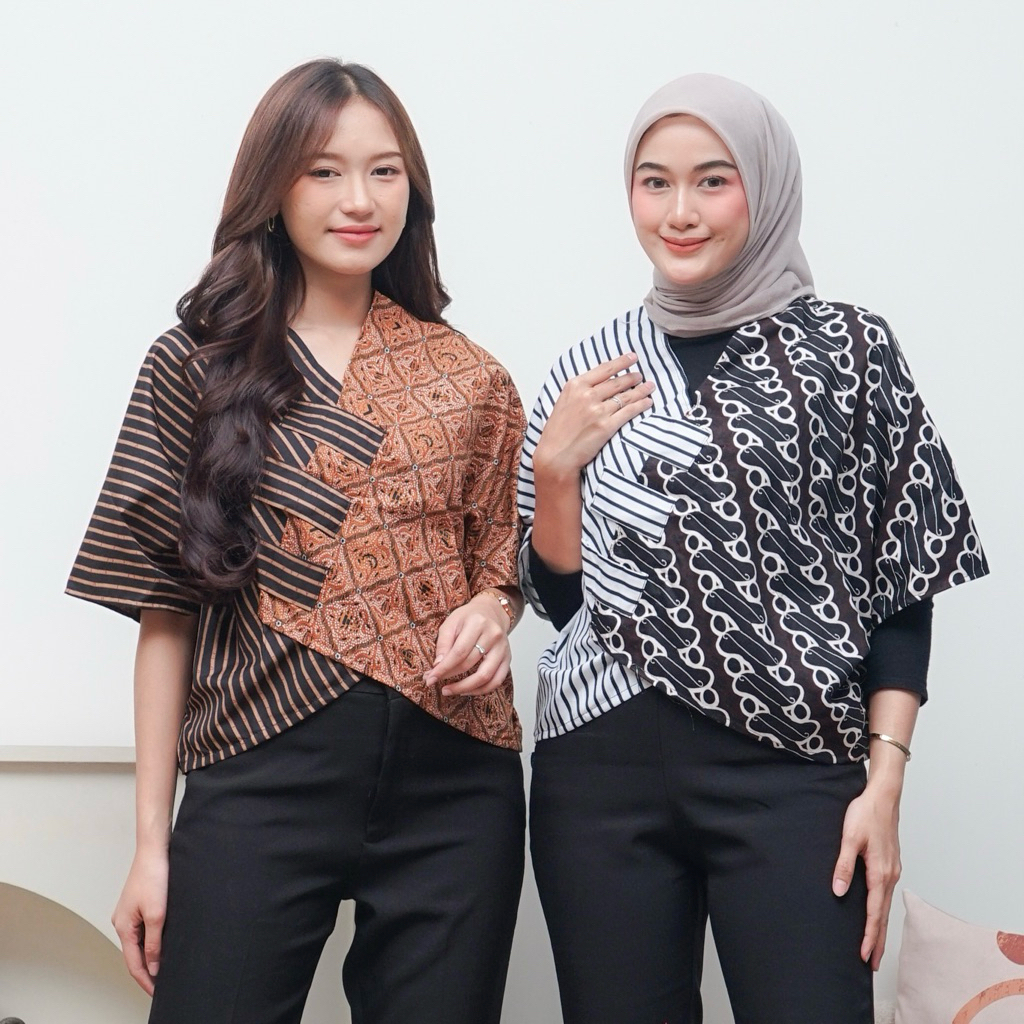 Outer Batik Tenun Wanita Crop Top Etnik - Baju Atasan Batik Wanita Modern Lengan Pendek Motif Lurik 
