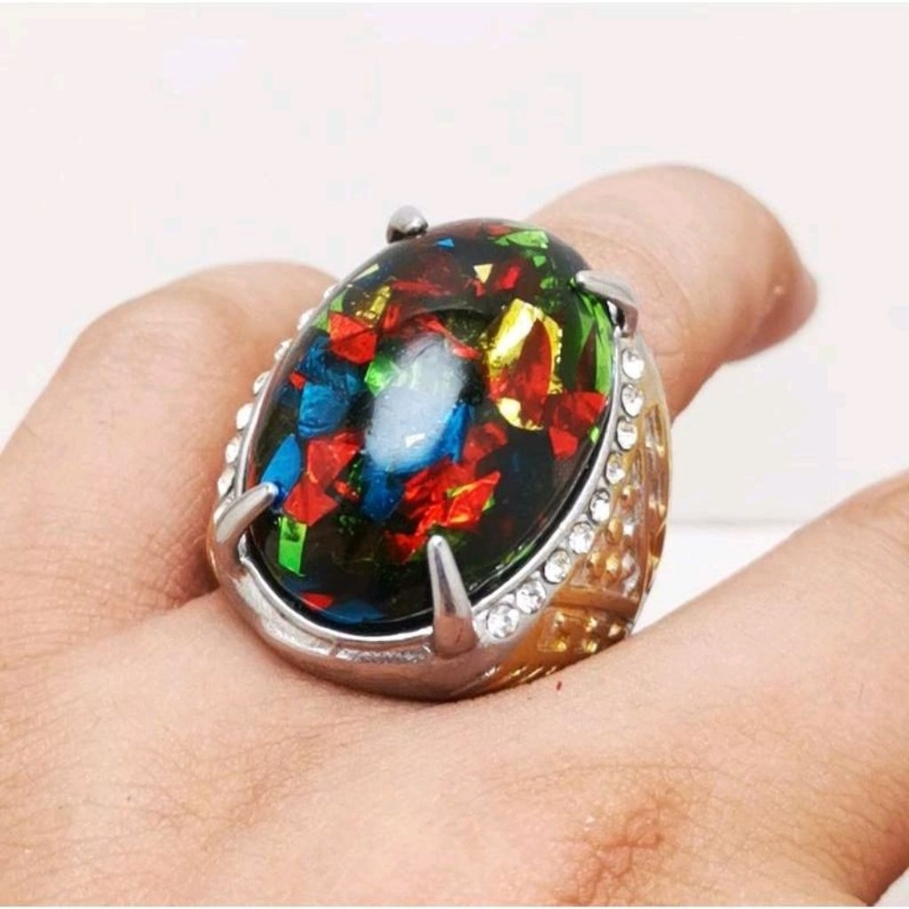Cincin Akik Pria Bleck Opal Ausi Jumbo Ring Titanium Super Mewah