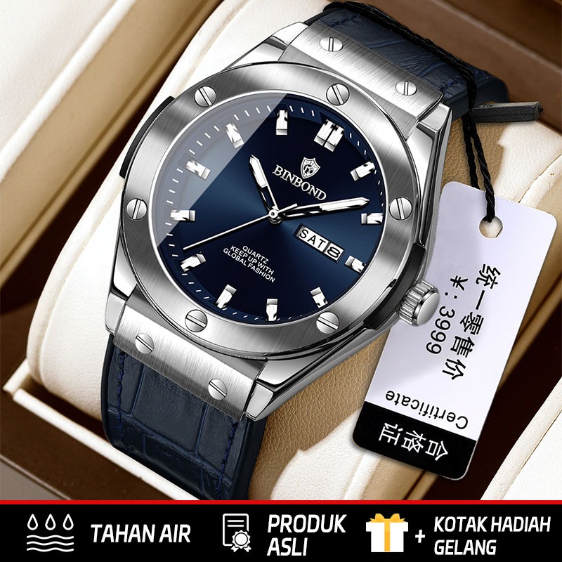 BINBOND New Luxury Men Watch Original Waterproof Date Luminous Leather Strap Quartz Watch