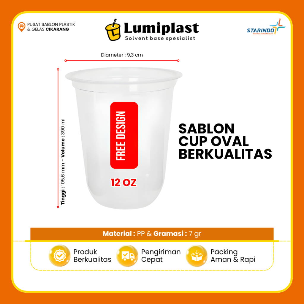 Sablon Cup Custom 12oz Oval 7gr Starindo Gelas Plastik Minuman Free Desain