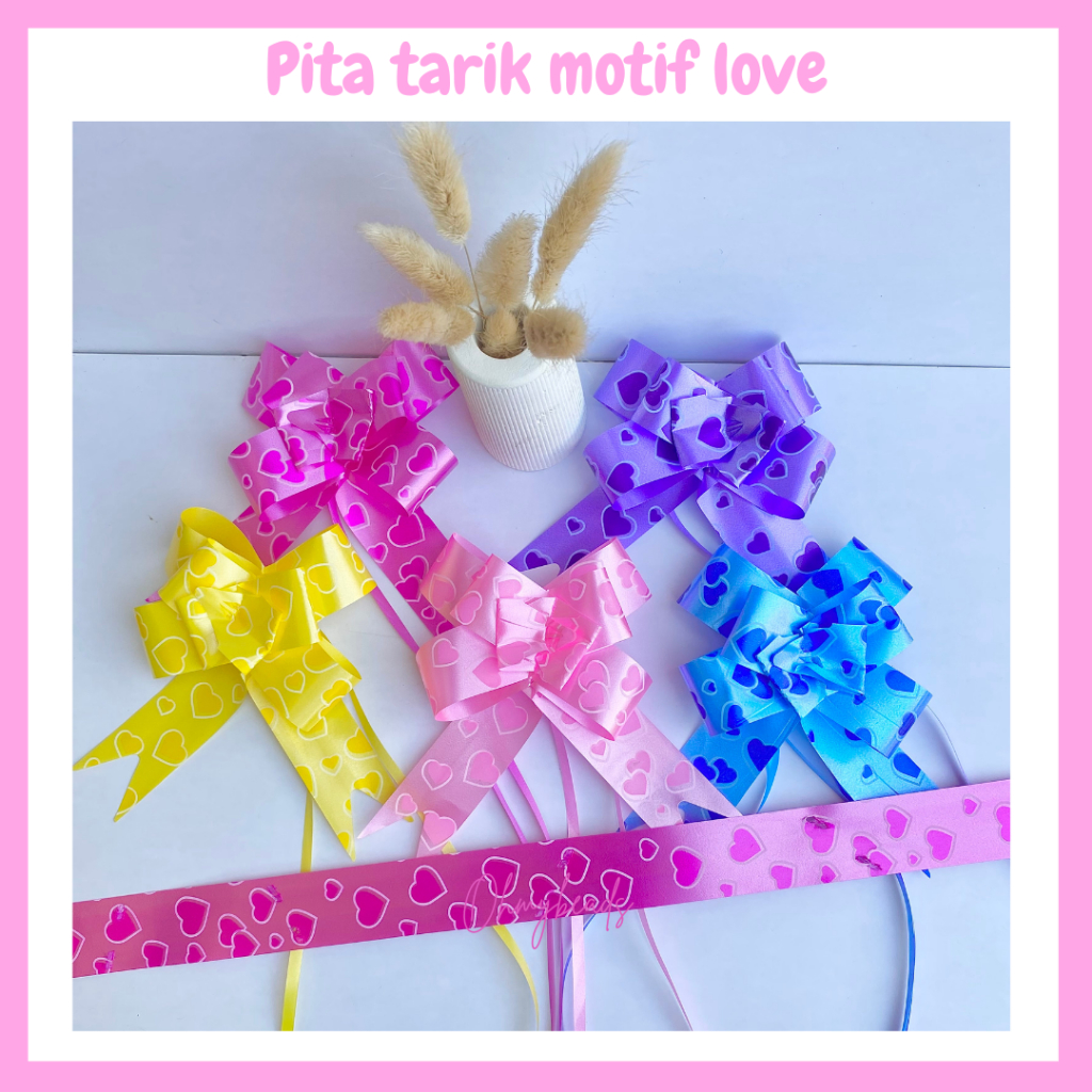 

5 pcs Pita Tarik Serut Motif Warna Warni Love 46cm x 3cm / Pita souvenir ukuran besar