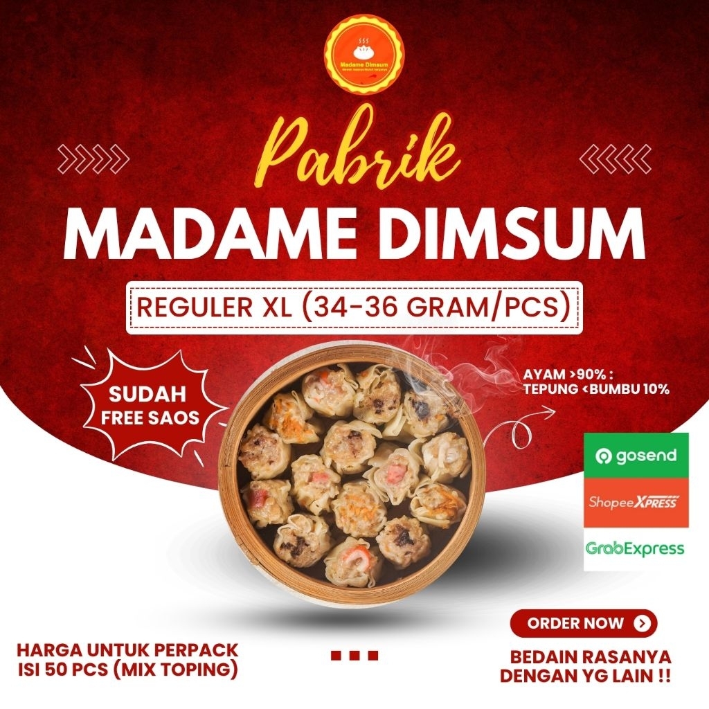 

DIMSUM BESAR REGULER XL 34-36 gram.. Pabrik Dimsum frozen dimsum Ayam Halal.. Harga perpack Isi 50 pcs.. Include Saos.. Komposisi ayam 90%..