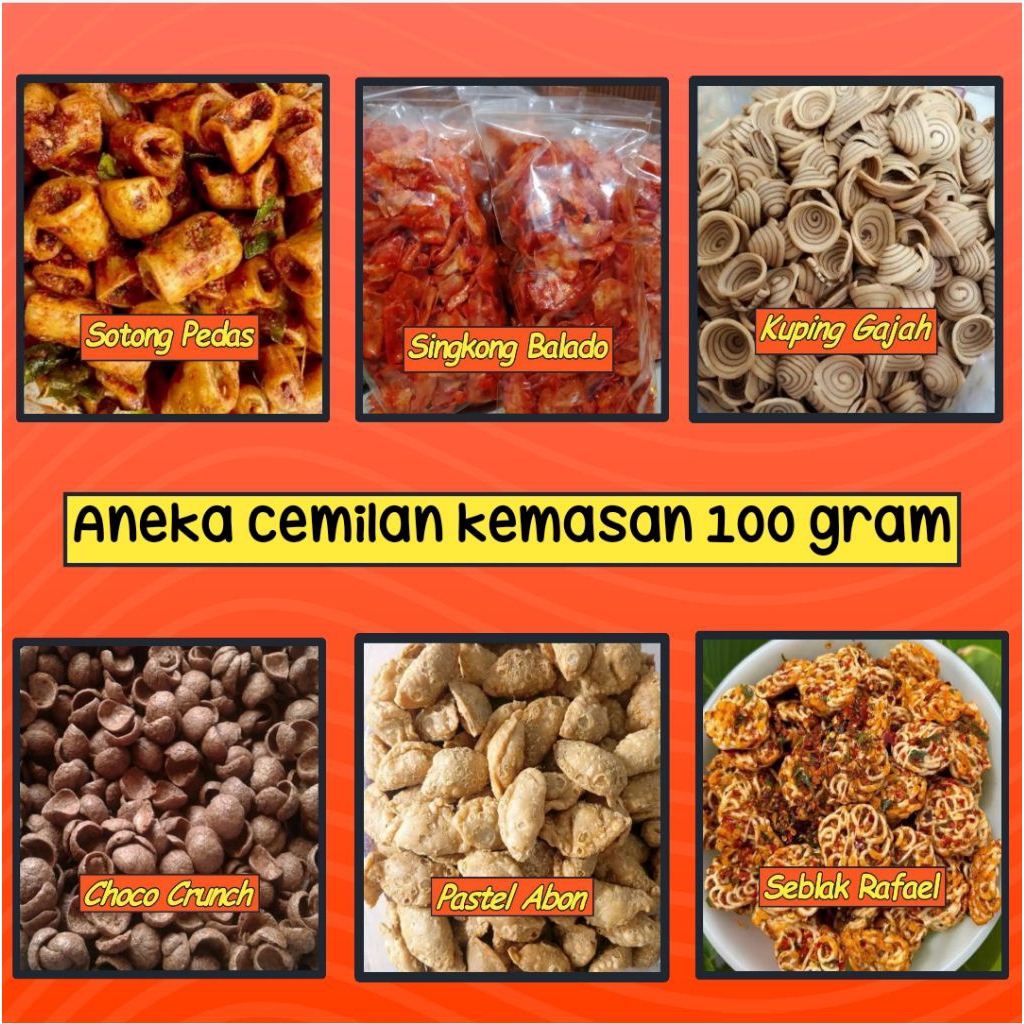 

Aneka Cemilan Kemasan 100 gram bebas pilih bisa COD gratis ongkir