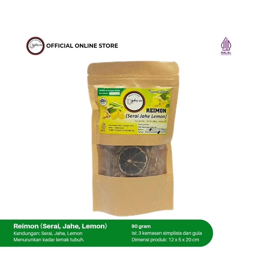 

REIMON (Serai Jahe Lemon) Pouch Unjukan Solo / Serai, Lemon, dan Rempah lain/ Menurunkan kadar lemak tubuh