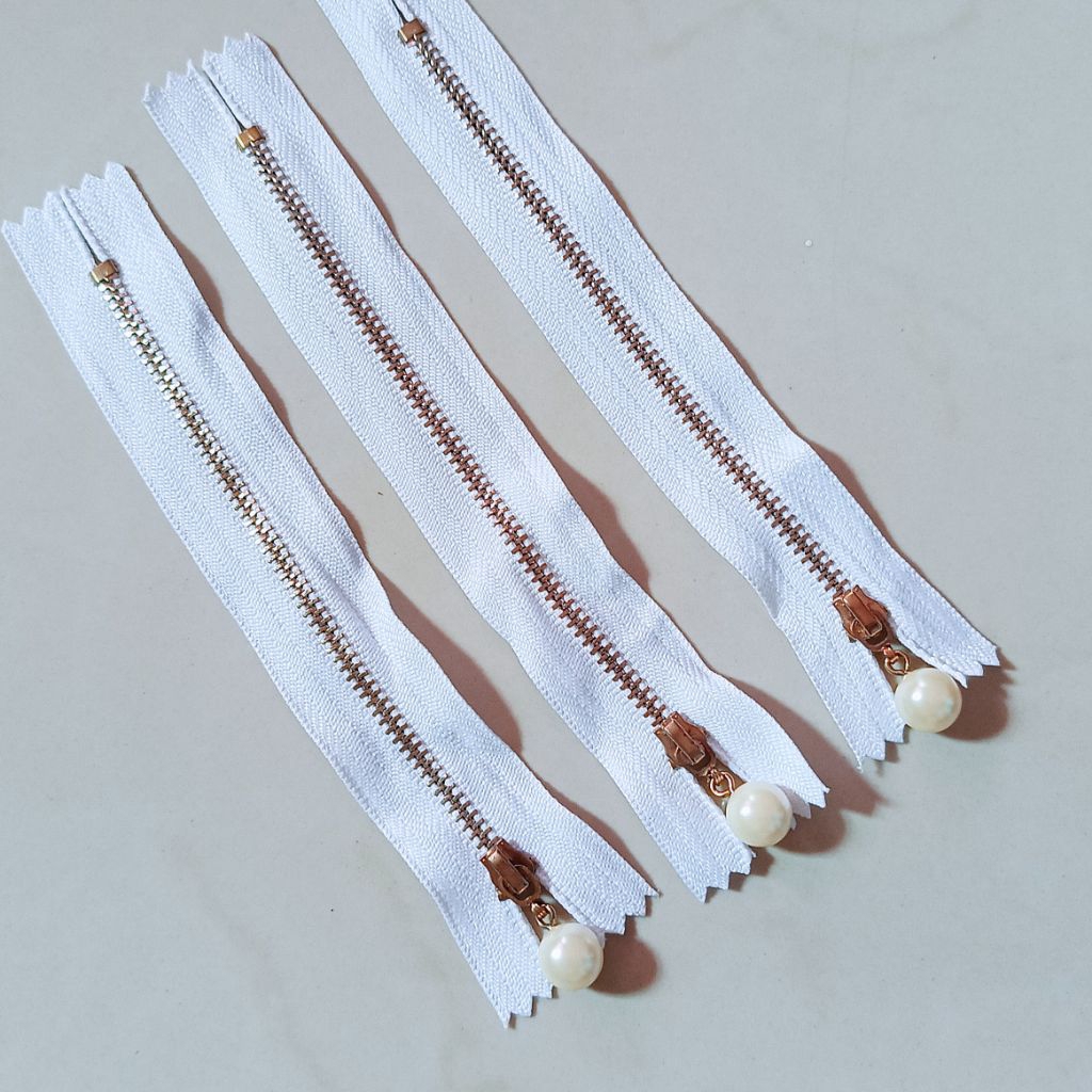 Resleting Metal 18cm Warna Putih Kepala Mutiara | Zipper Mini untuk Craft Dompet Tas Rajut