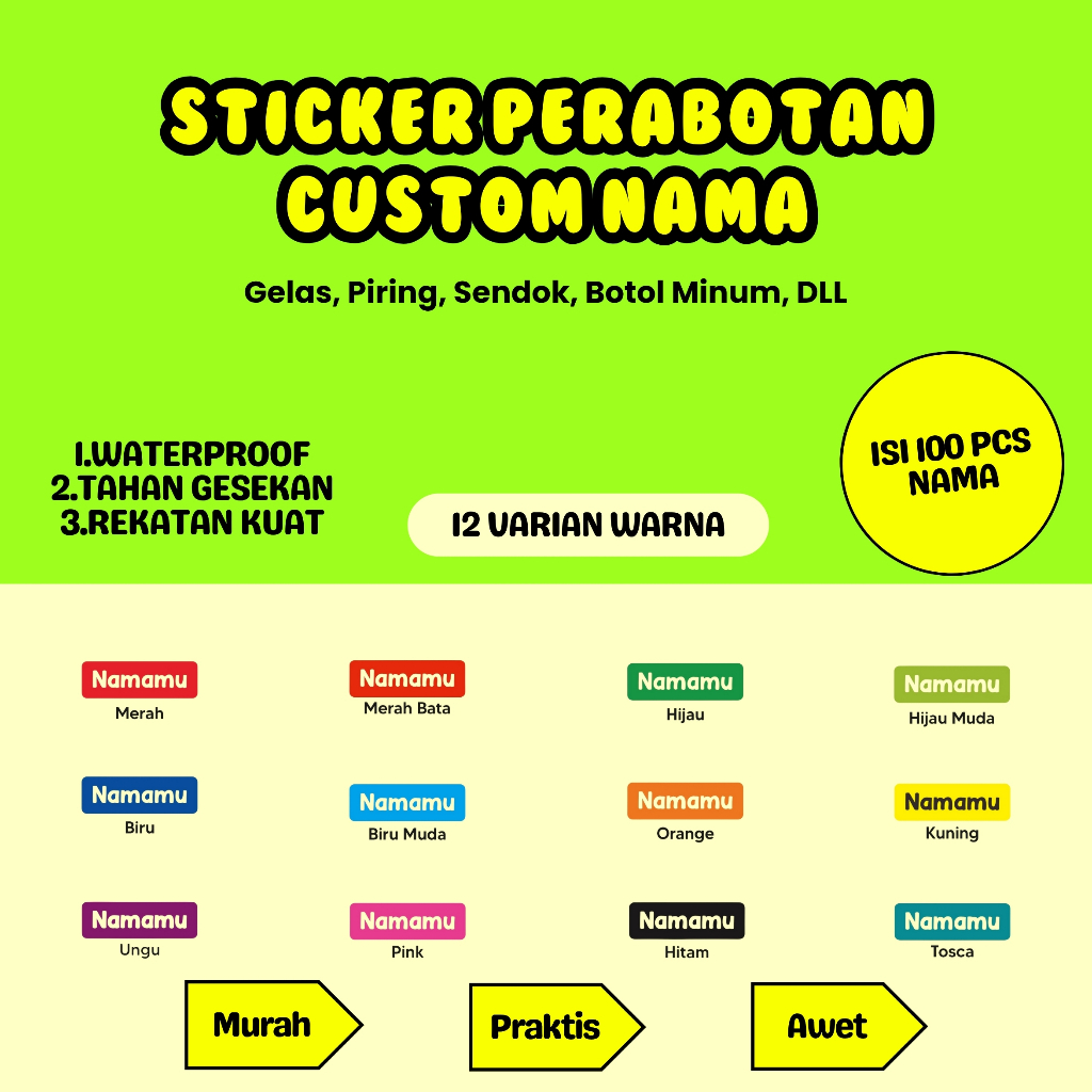 

100Pcs Sticker Custom Nama Piring Sendok Botol Barang Perabotan Stiker Ajaib Waterproof Timbul Label