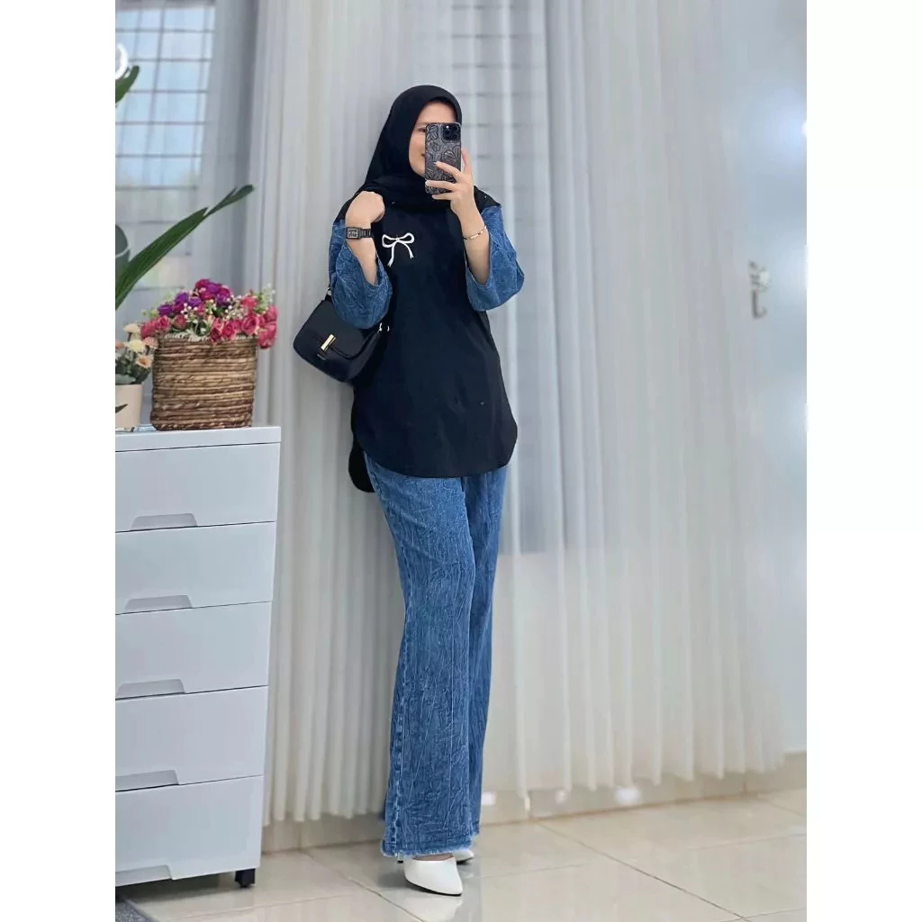 Setelan Jeans Wanita Kekinian Oneset Wanita Setelan Baju Wanita Set Celana jeans Wanita Variasi Sabl