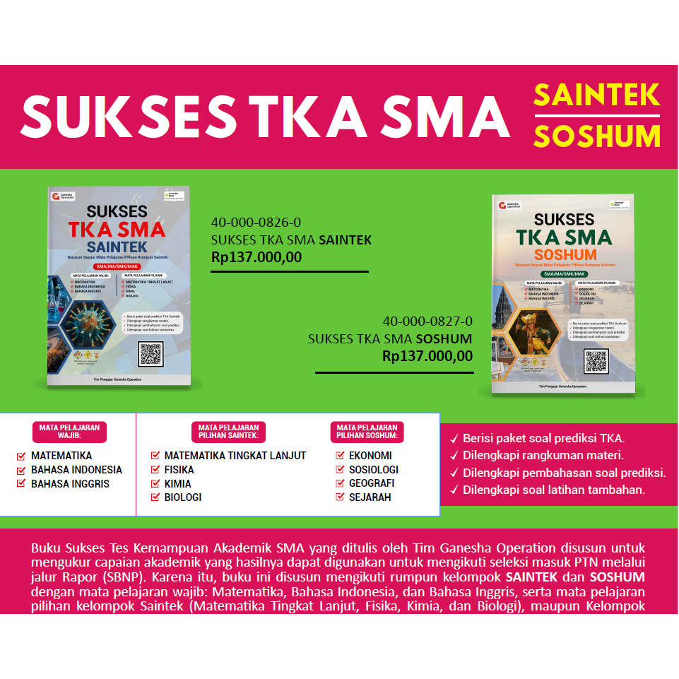 SUKSES TKA SMA SAINTEK | SUKSES TKA SMA SOSHUM I BUKU TKA BIMBEL GO | GANESHA OPERATION
