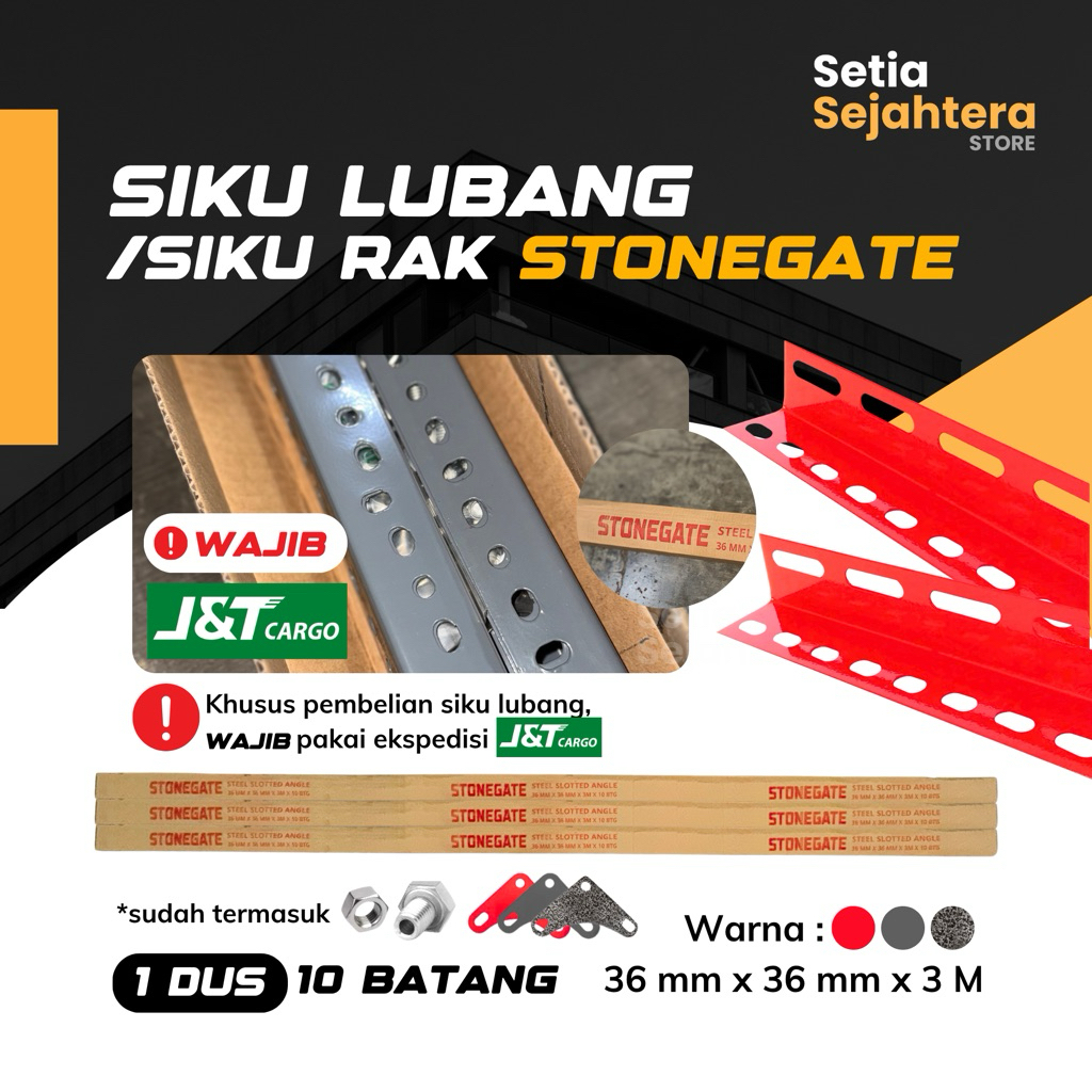 STONEGATE Siku Lubang Siku Rak Besi Serbaguna Abu-Abu Merah Hammertone 36mm x 36mm x 3m - 1 dus 10 b