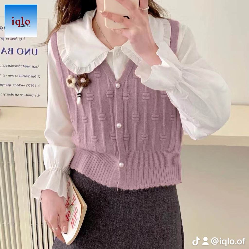 Iqlo Official - Kardigan Rompi Kemeja Set Bunga Blouse -  Rompi Motif Bahan Premium Halus