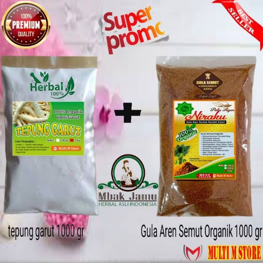 

PAKET Gula Aren Semut Premium 1 Kg | Tepung Pati Garut Premium 1 Kg