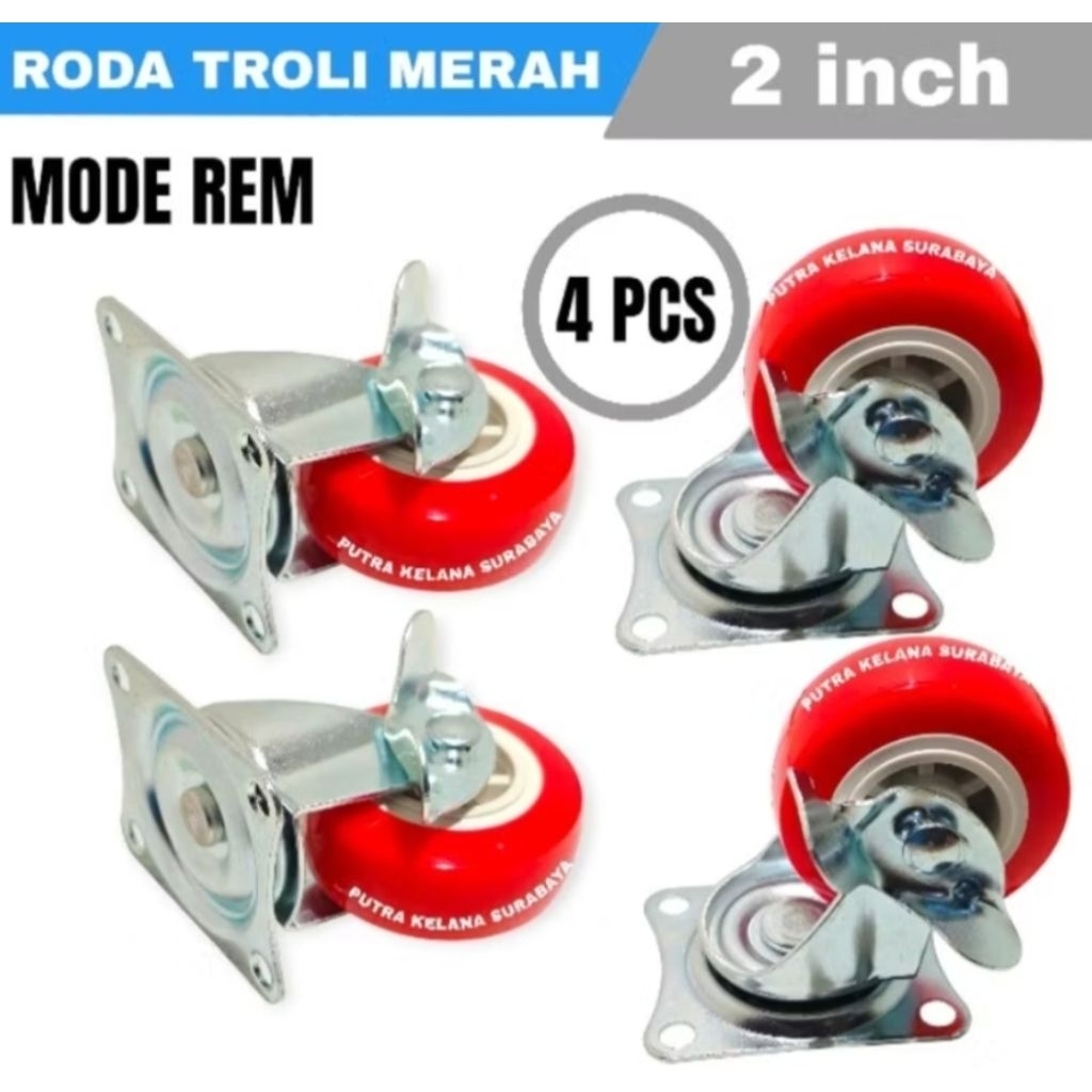 (dapat 4pcs) roda 2 inch merah rem 4pcs / roda troli 2inch 4pcs / roda merah 2" dengan rem