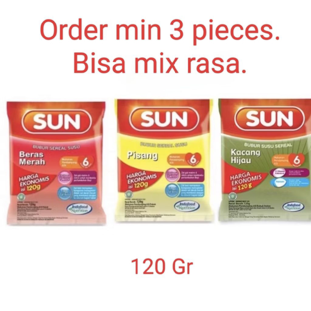 

BUBUR SUN 120 GR. RASA PISANG, BERAS MERAH, KACANG HIJAU. PEMBELIAN MIN 3 PIECES, BOLEH MIX. TOLONG DITULIS DI NOTE