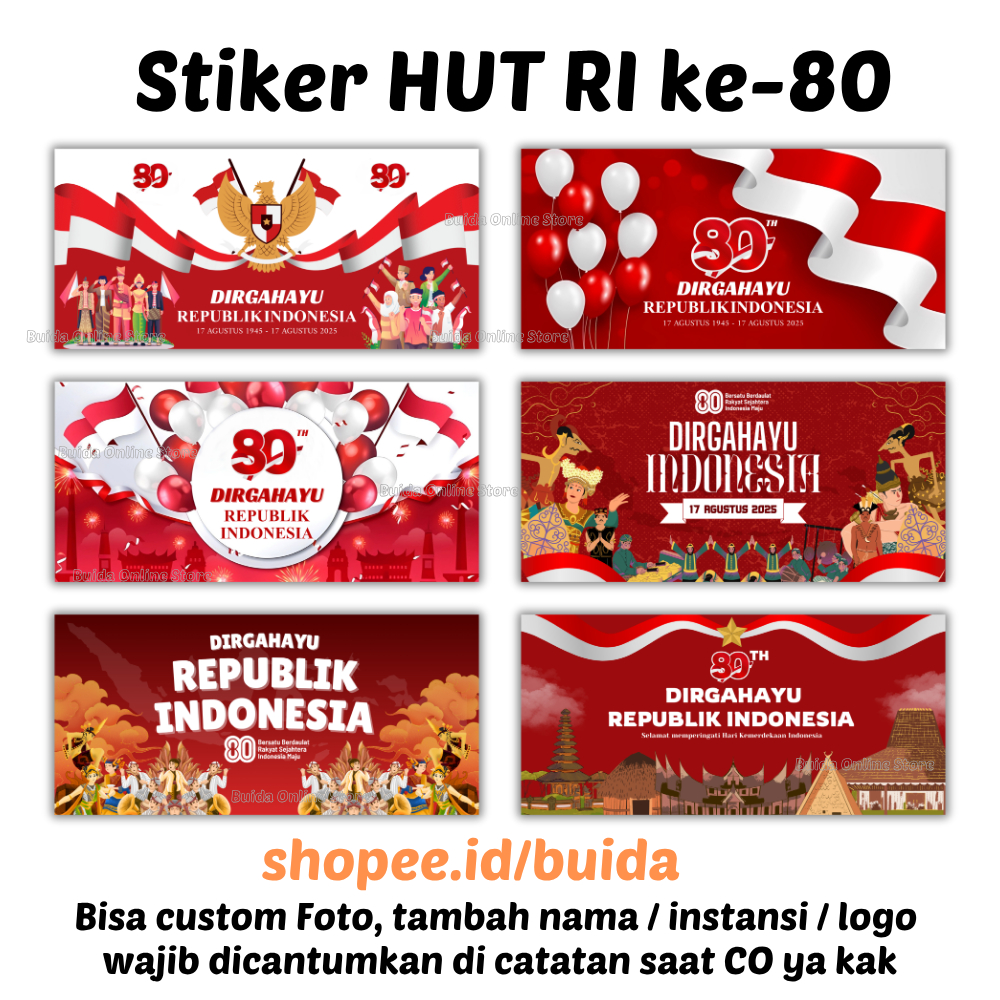 

stiker sticker Dirgahayu Republik Indonesia ke 80 HUT RI Label Kemasan Hadiah Doorprize kotak nasi dus box kue mika toples paperbag design terbaru 17 agustus dekorasi hampers hiasan kado merah putih bisa custom logo nama instansi sekolah