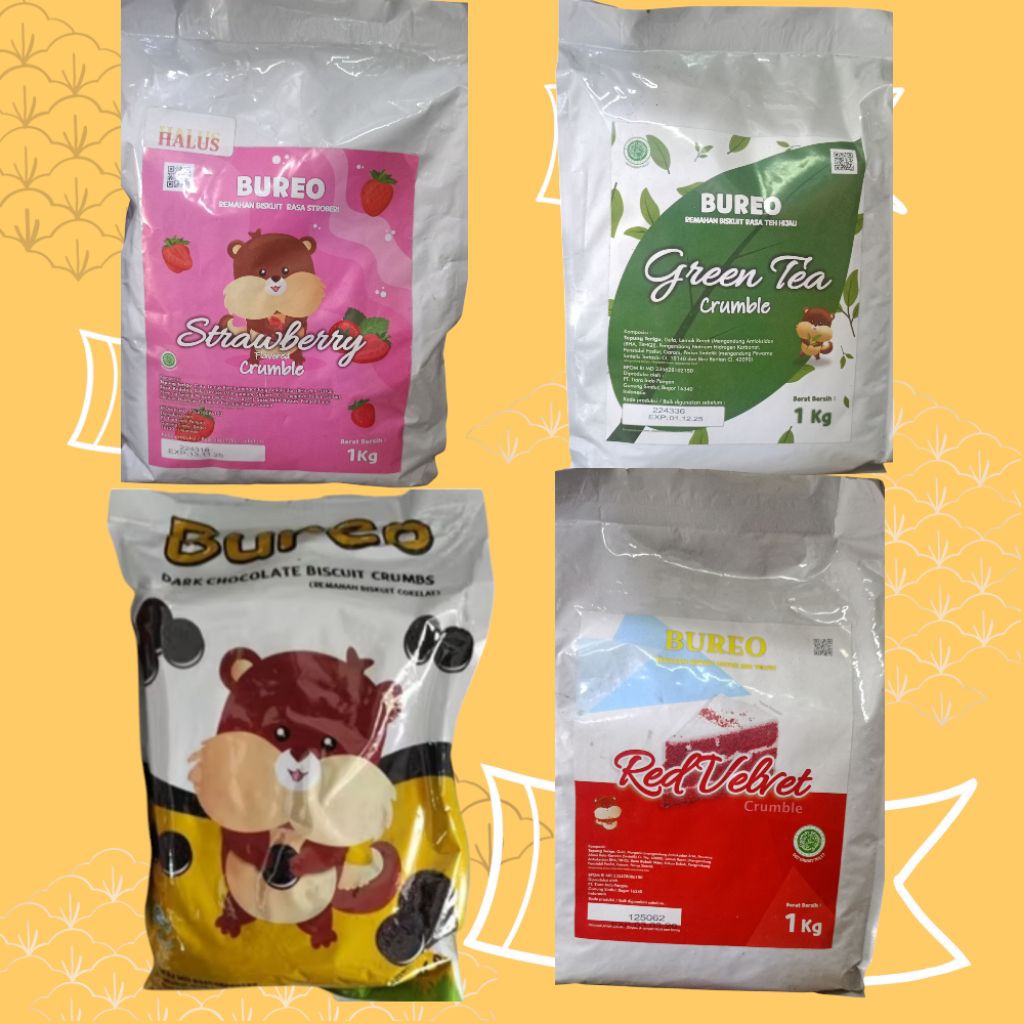 

BUREO Crumble Topping Dessert | Biscuit Crumbs 1 kg (Cokelat, Red Velvet, Strawberry, Green tea)