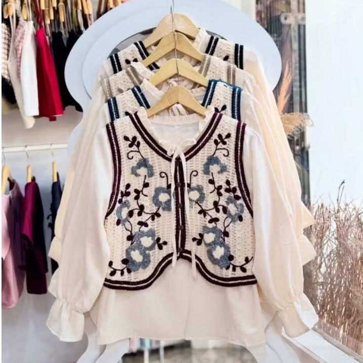 One set kemeja vest rompi rajut premium fashion wanita terbaru