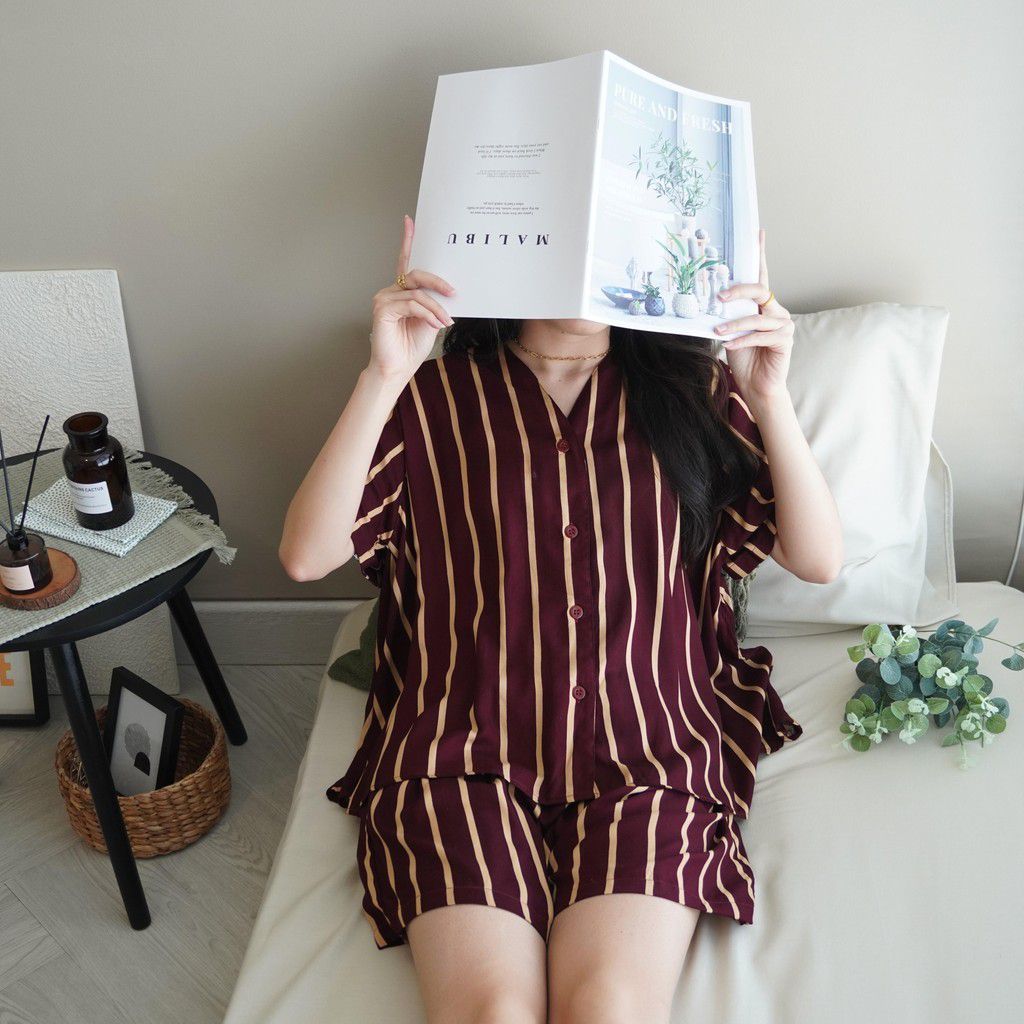 PIYAMA SET LENGAN PENDEK RAYON Motif Salur Dewasa / Anak// TERLARIS Set Rayon Crop Motif Salur // Se