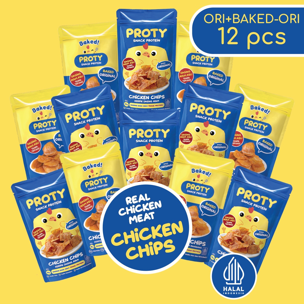 

PROTY Baked (Panggang) dan Original Camilan Sehat Tinggi Protein Chicken Chips Ori(6)+BakedOri(6)