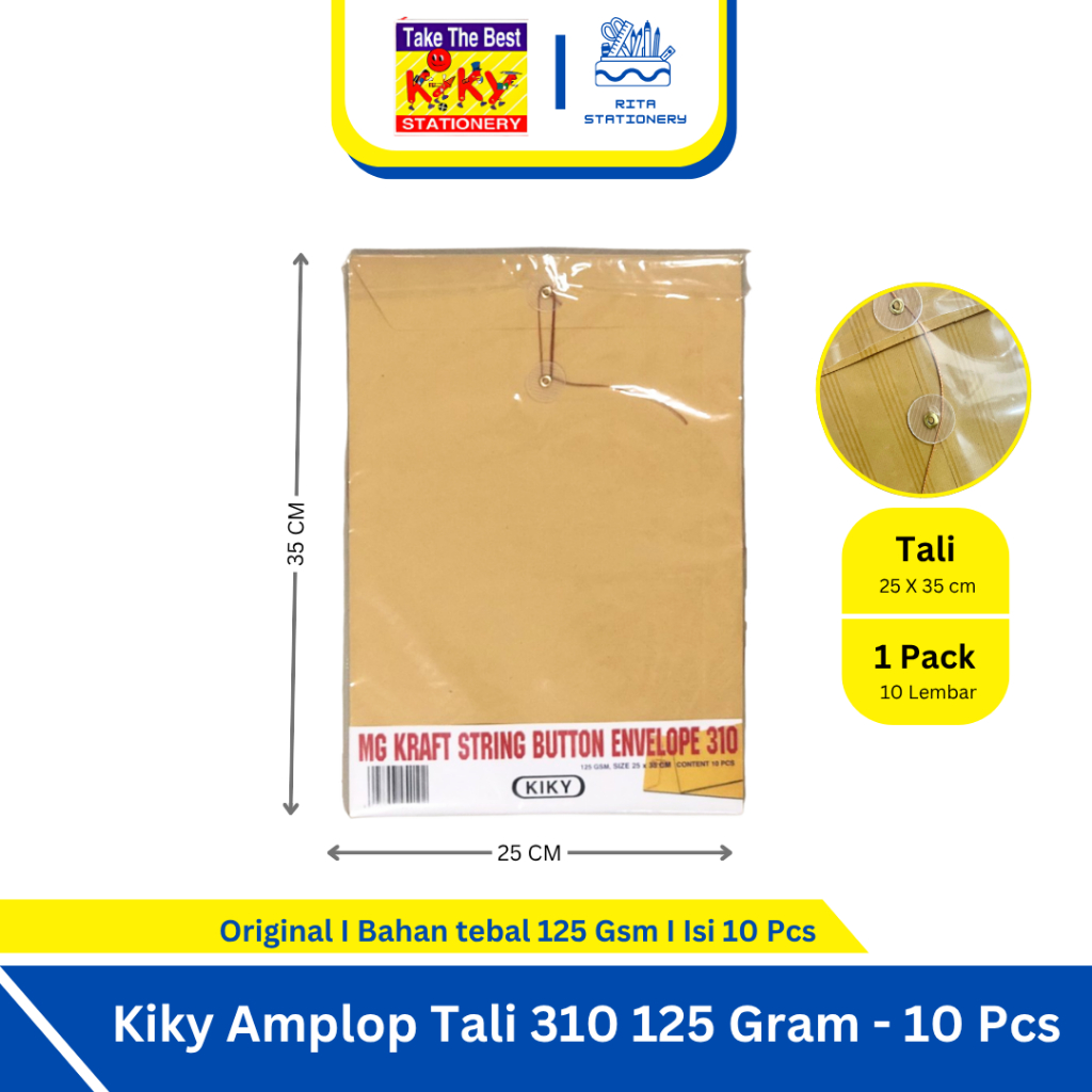 

Kiky Amplop Tali 310 125 Gram A4 / F4 Folio dapat untuk Surat Dokumen - 1 Pack isi 10 Pcs