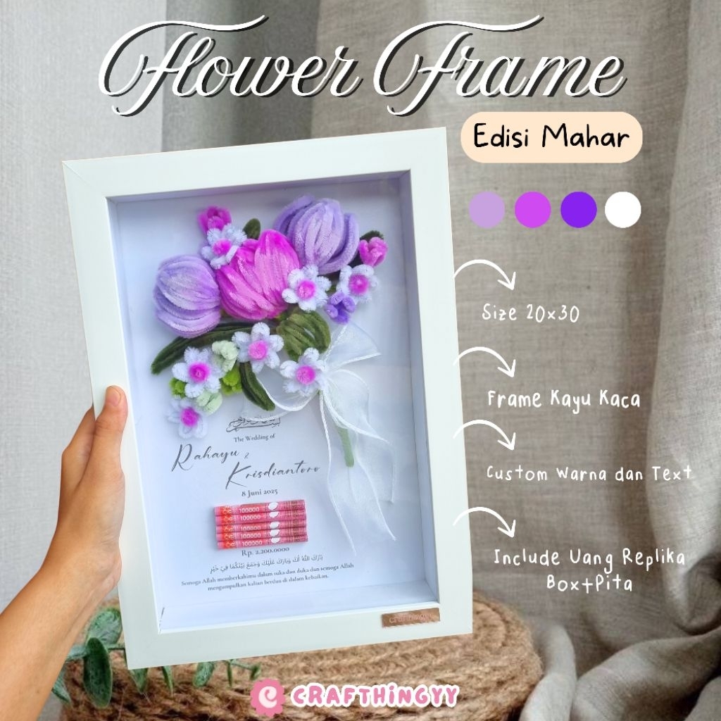 Flower in Frame Edisi Mahar Wedding | Wedding Gift Frame Bunga Kawat Bulu