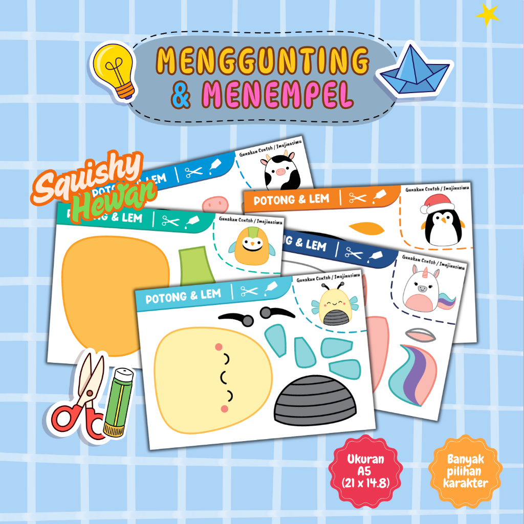 

Edubybi Lembar Aktivitas Menggunting dan Menempel Tema Squishy Hewan / Worksheet Cut & Glue Lucu