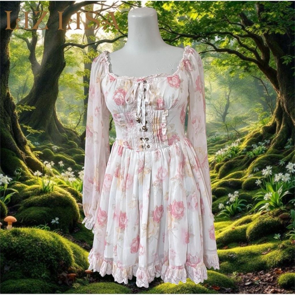 Liz Lisa Lace Up Milkmaid Floral Shimmer Whimsical Puffy Fairycore Corseted Dress | Babydoll shabby 