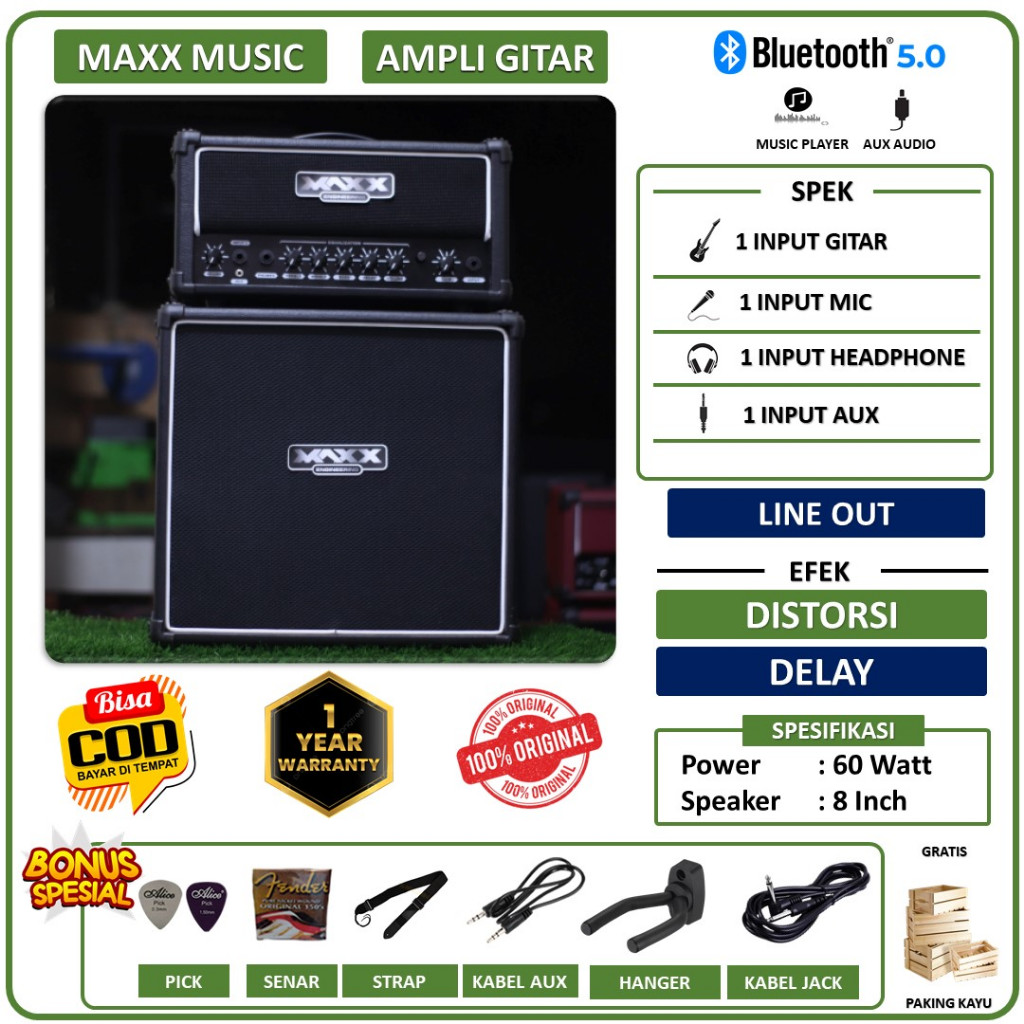 Ampli gitar & bass 8 inch bluetooth original maxx head cabinet 3 input bisa untuk karaoke efek disto