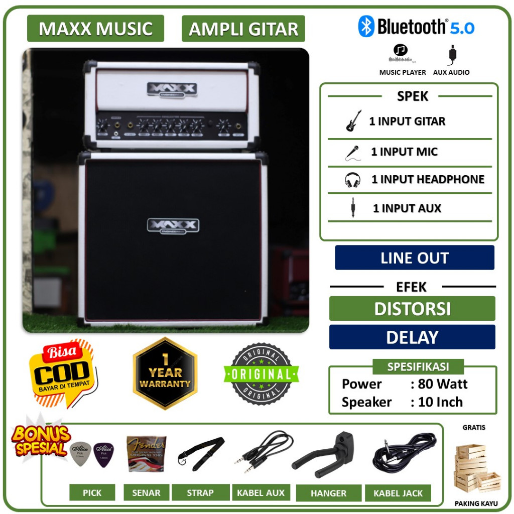 Ampli gitar & bass 10 inch bluetooth original maxx head cabinet 3 input bisa untuk karaoke efek dist