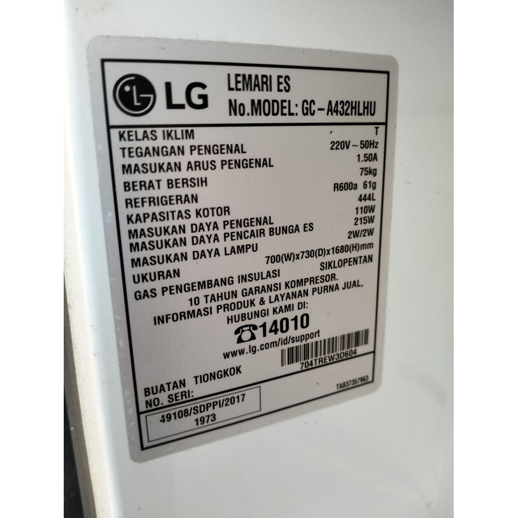 rak kulkas LG Inverter 2 pintu GC-A432HLHU copotan ori