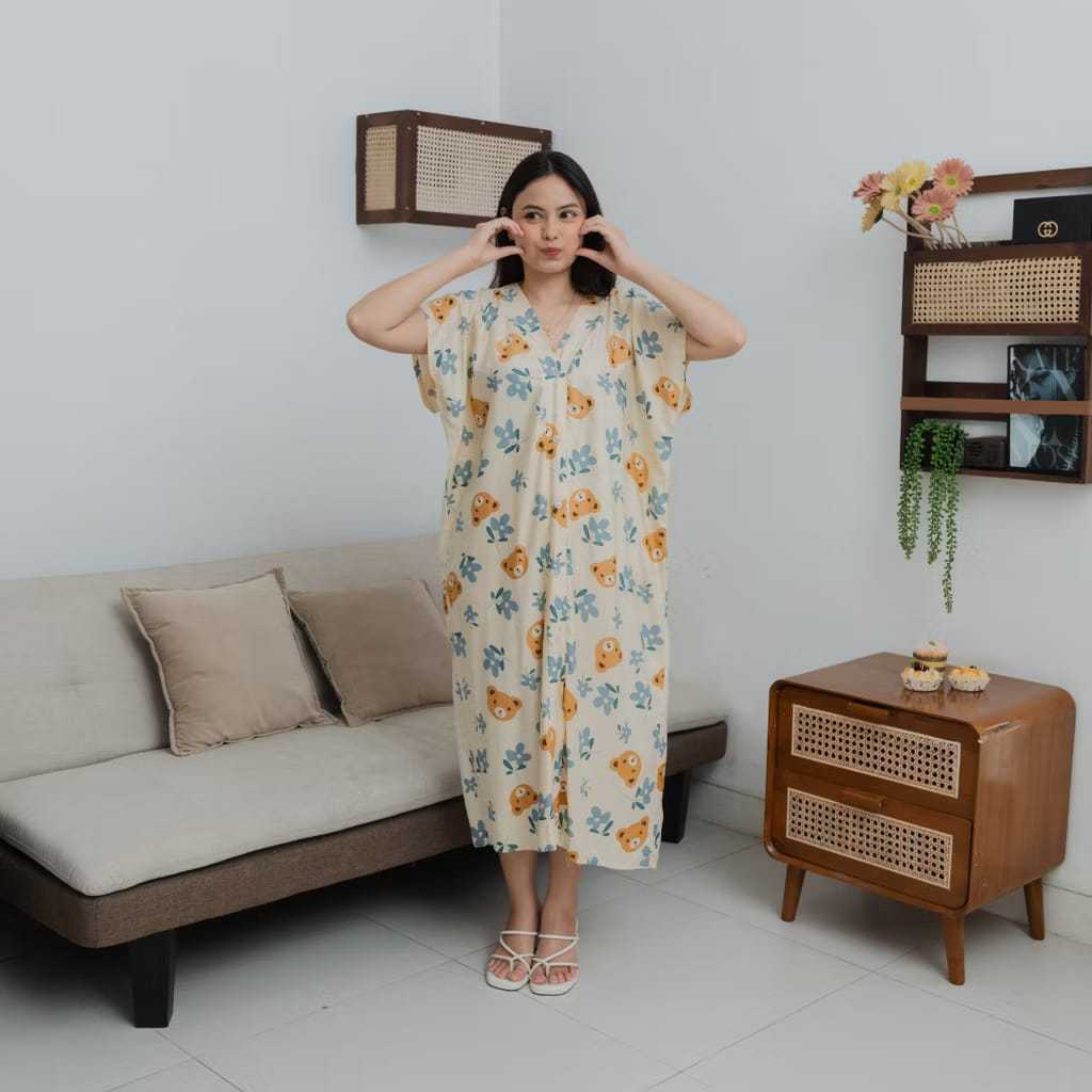 Daster piyama katun / dress motif random / daster leher v / atasan dress minimalis / basic dress bus