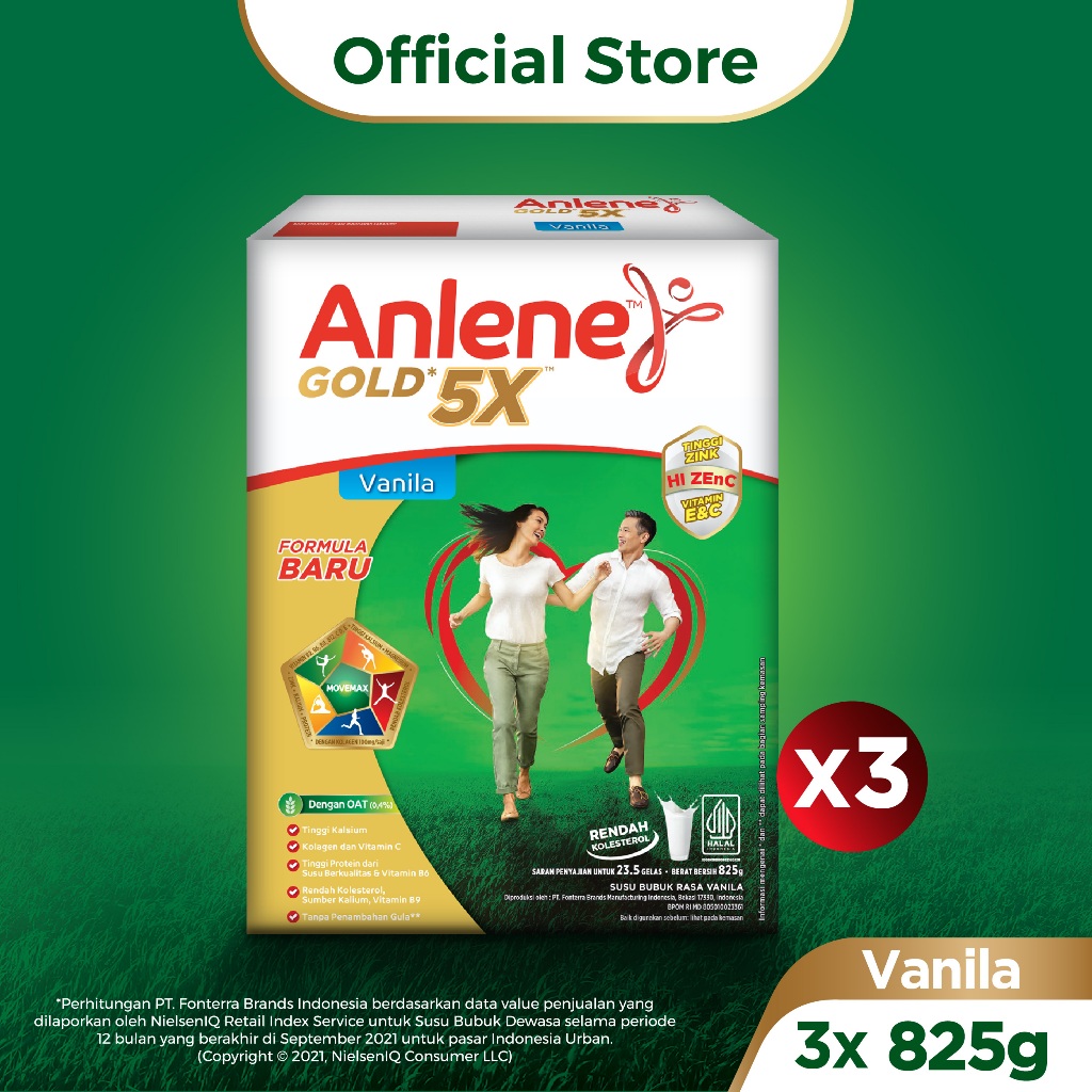 

Anlene Gold 5X Susu Bubuk Dewasa Vanila 3 x 825g - Nutrisi Tinggi Kalsium Untuk Tulang, Sendi, dan Otot